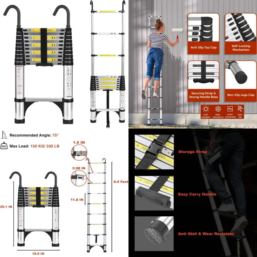Aluminum Extension Ladder 8.5FT Lightweight with Stable Hooks, Triangle Stabilizers, Non-Slip Feet for Height Reach and Safety
Aluminum Extension Ladder 8.5FT Lightweight with Stable Hooks, Triangle Stabilizers, Non-Slip Feet for Height Reach and Safety