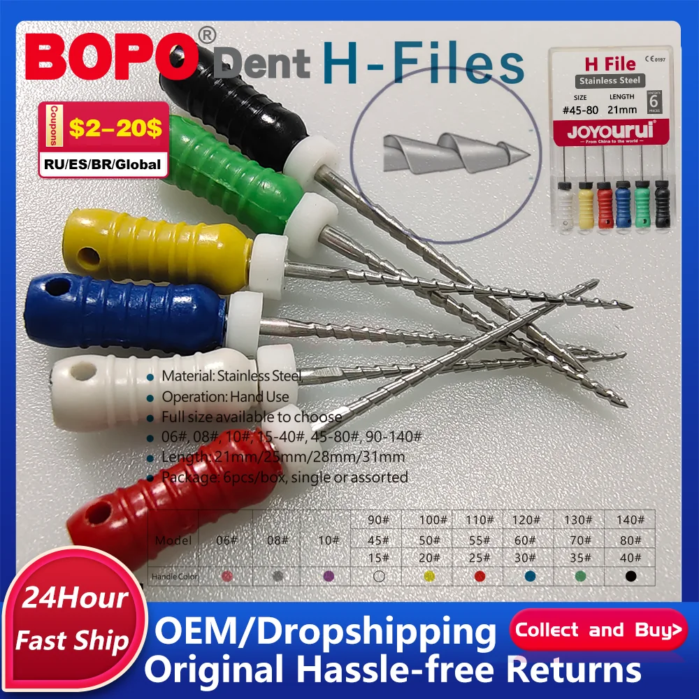 6Pcs/Box Stainless Steel Hand K Files/H File 21mm/25/31mm Dental Hand Use K Reamers Root Cannal Endo Tools 45-80# 06# 08#10#15#
6Pcs/Box Stainless Steel Hand K Files/H File 21mm/25/31mm Dental Hand Use K Reamers Root Cannal Endo Tools 45-80# 06# 08#10#15#