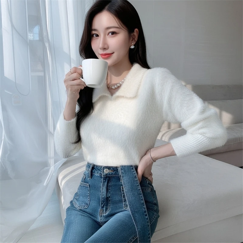 Корейский воротник-поло, однотонный норковый мех, теплый вязаный пуловер с длинными рукавами, свитер, осенне-зимняя модная простая тонкая женская одежда
Корейский воротник-поло, однотонный норковый мех, теплый вязаный пуловер с длинными рукавами, свитер, осенне-зимняя модная простая тонкая женская одежда