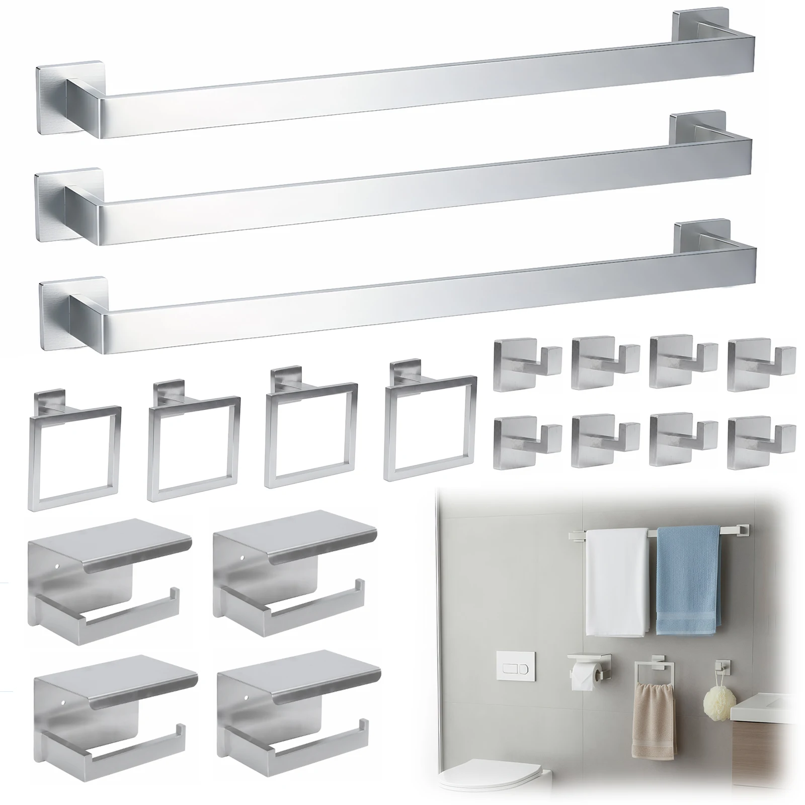 Набор из 20 предметов для ванной комнаты: настенные аксессуары из нержавеющей стали с держателем для полотенец/кольцом/крючком/держателем для туалетной бумаги
Набор из 20 предметов для ванной комнаты: настенные аксессуары из нержавеющей стали с держателем для полотенец/кольцом/крючком/держателем для туалетной бумаги