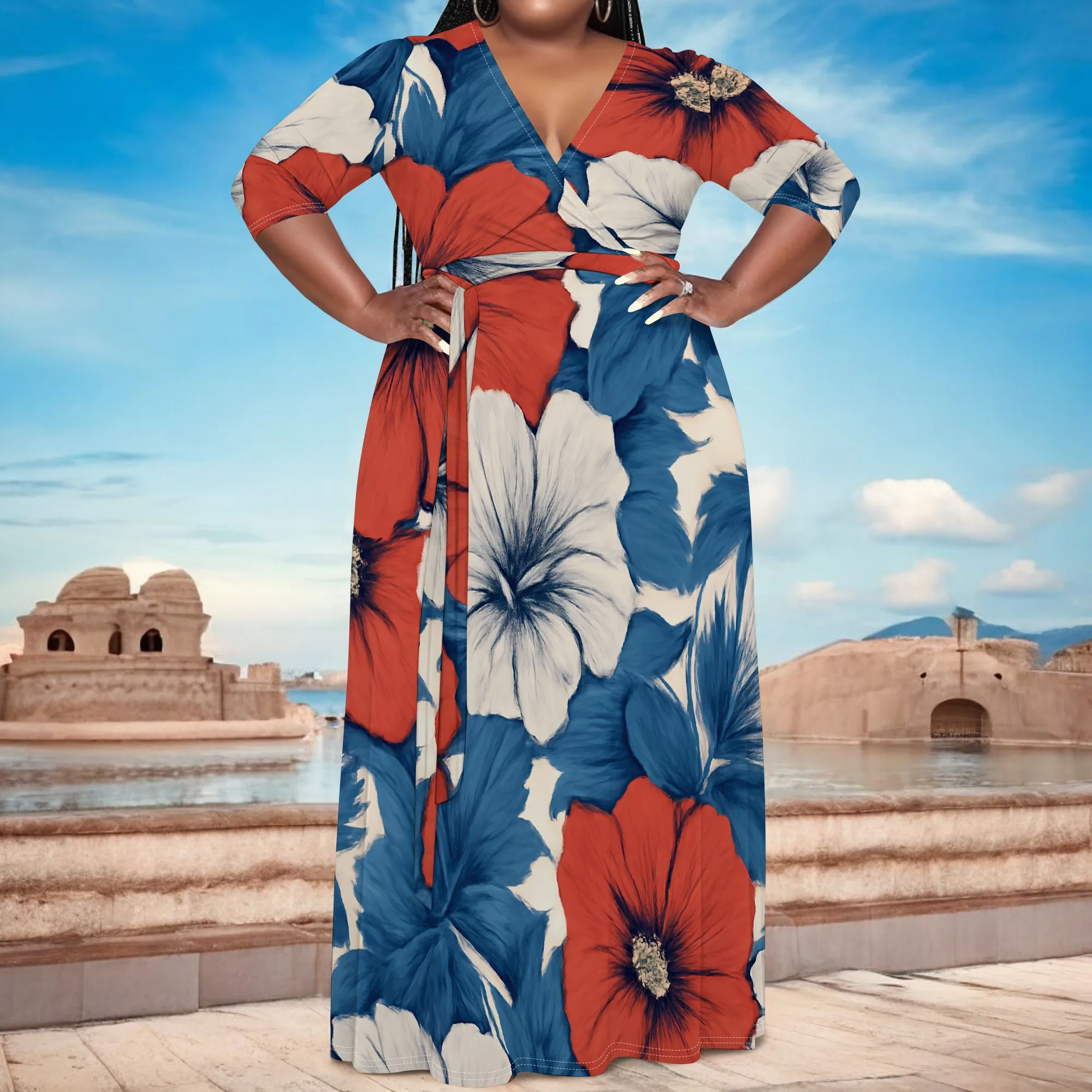 Plus Size XL-6XL Floral Wrap Maxi Dress with V-neck for Spring & Summer Parties, Beach Getaways & Memorial Day Celebrations
Plus Size XL-6XL Floral Wrap Maxi Dress with V-neck for Spring & Summer Parties, Beach Getaways & Memorial Day Celebrations
