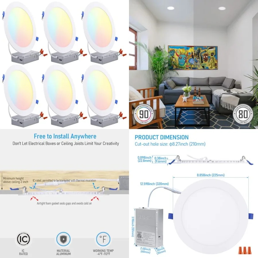 8 Inch Ultra-Thin LED Recessed Ceiling Light with Junction Box, CRI90, 27003000350040005000K Selectable, 18W Dimmable Slim Canl
8 Inch Ultra-Thin LED Recessed Ceiling Light with Junction Box, CRI90, 27003000350040005000K Selectable, 18W Dimmable Slim Canl