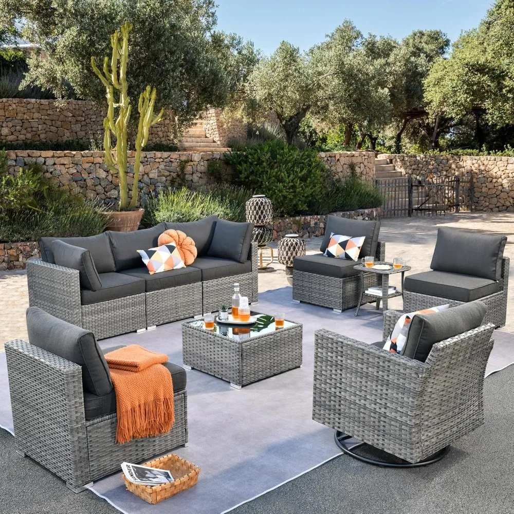 Outdoor 9 Piece Coversation Set with Swivel Rocking Chair,Sectional Patio Furniture Set with All-Weather Wicker Sofa,Modern
Outdoor 9 Piece Coversation Set with Swivel Rocking Chair,Sectional Patio Furniture Set with All-Weather Wicker Sofa,Modern