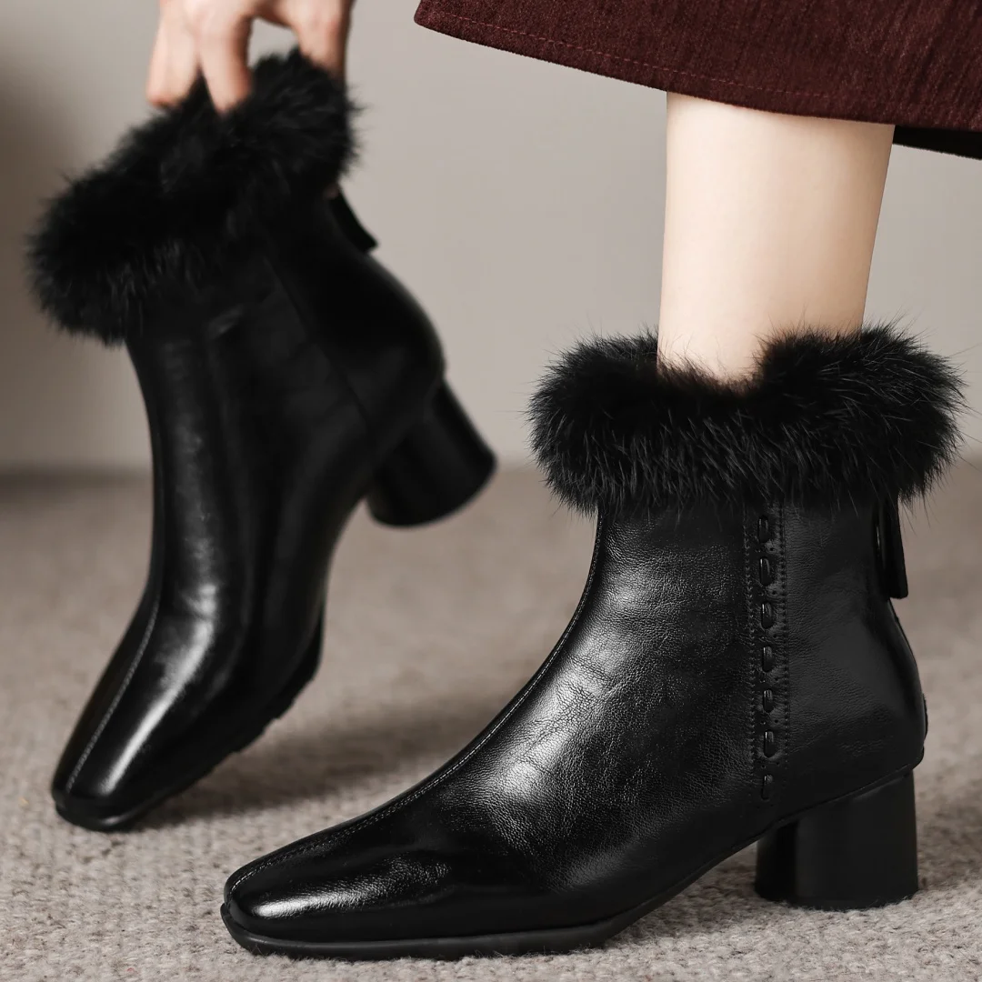 danxuefei women's genuine leather rabbit fur patchwork square toe back zip wool inside 5cm round heel winter ankle snow boots
danxuefei women's genuine leather rabbit fur patchwork square toe back zip wool inside 5cm round heel winter ankle snow boots