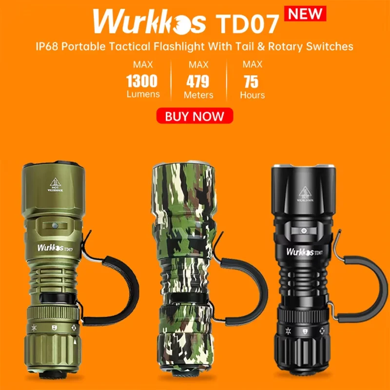 Wurkkos TD07 1300LM Tactical Flashlight 479M Long Range 18350 Rechargeable Lamp IP68 Mini Torch with Finger Ring Dual Switches
Wurkkos TD07 1300LM Tactical Flashlight 479M Long Range 18350 Rechargeable Lamp IP68 Mini Torch with Finger Ring Dual Switches