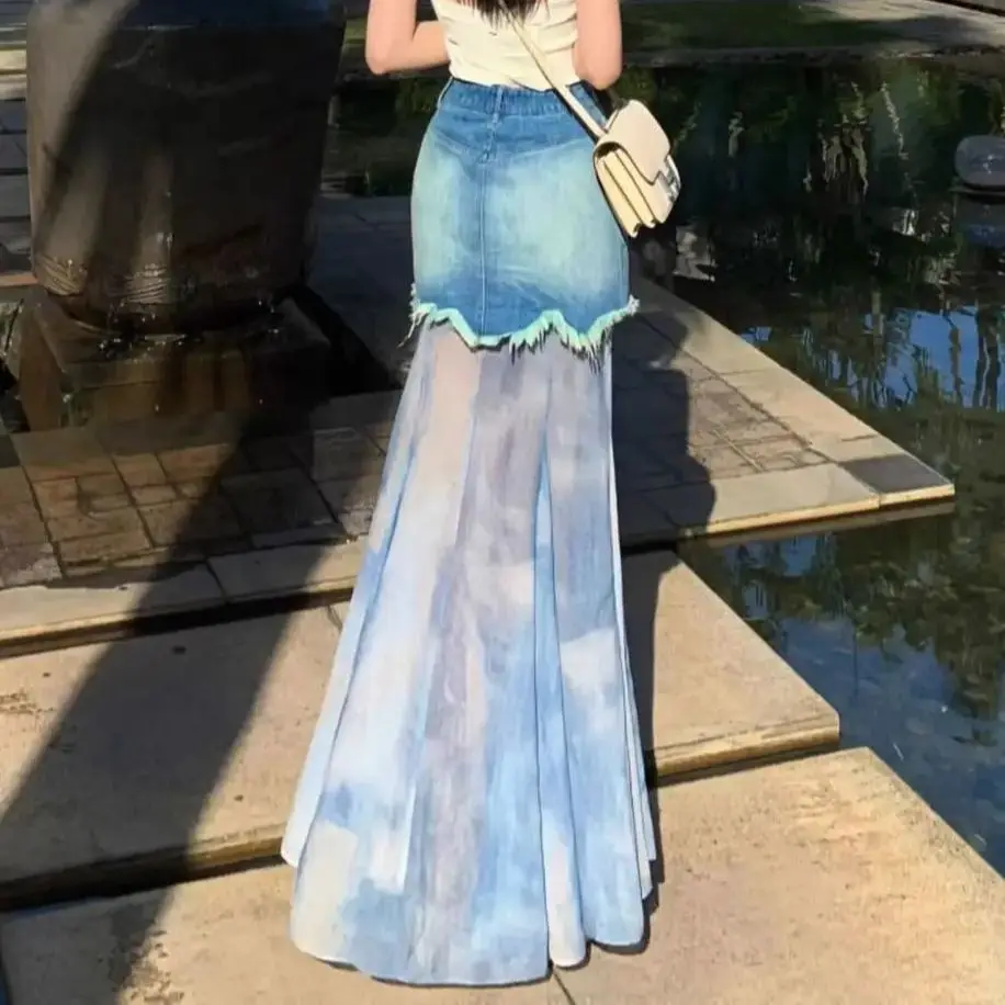 Pure Sexy Hot Girl Mesh Spliced Denim Skirt Women Summer New Design High Waist Slim Fish Tail Long Skirt
Pure Sexy Hot Girl Mesh Spliced Denim Skirt Women Summer New Design High Waist Slim Fish Tail Long Skirt