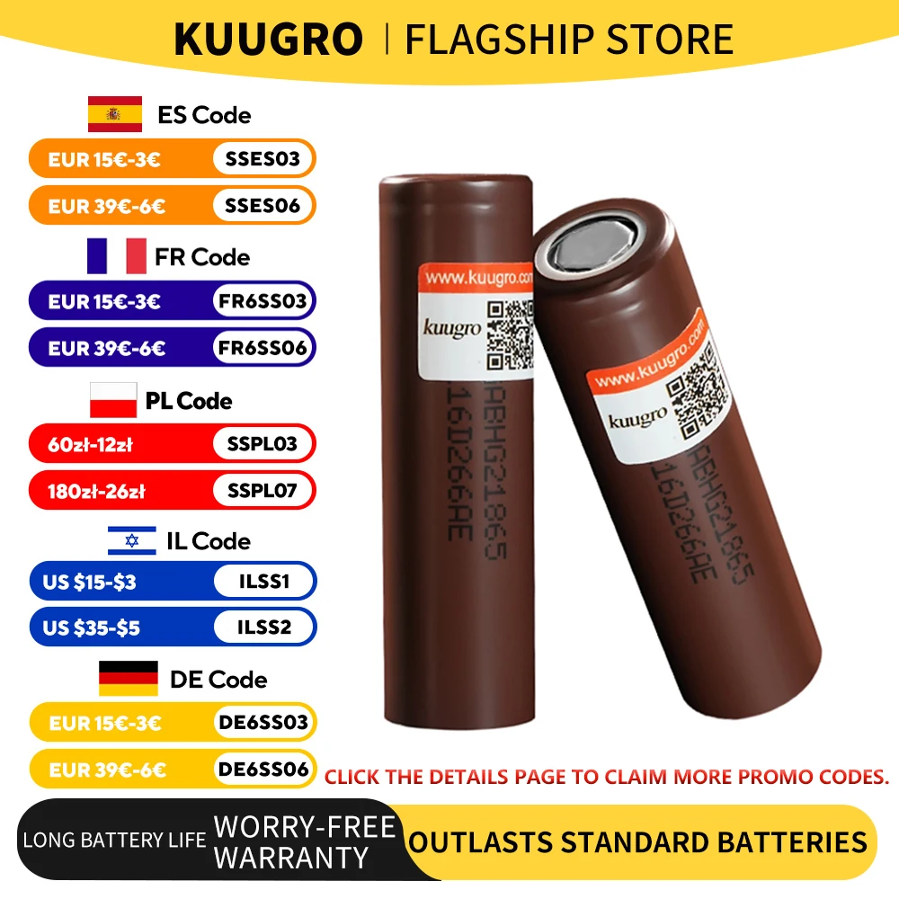 Kuugro HG2 3.7v 18650 3000mAh Lithium Rechargeable Batteries Continuous Discharge 30A For Drone Power Tools
Kuugro HG2 3.7v 18650 3000mAh Lithium Rechargeable Batteries Continuous Discharge 30A For Drone Power Tools