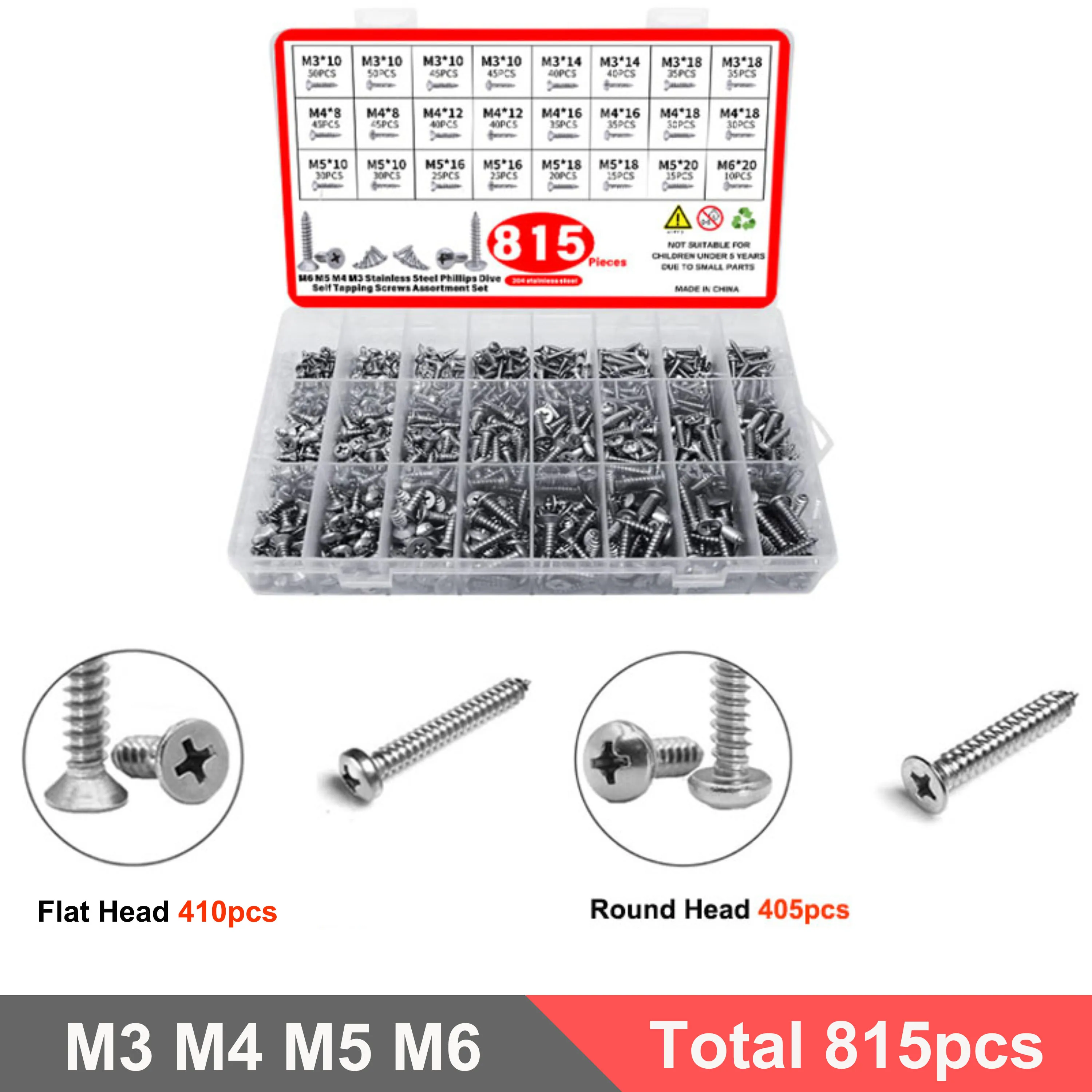 M3/M4/M5/M6 Wood Screws Assortment Kit 304 Stainless Steel Phillips Cross Round Head Flat Head Self Tapping Screw Set 815pcs
M3/M4/M5/M6 Wood Screws Assortment Kit 304 Stainless Steel Phillips Cross Round Head Flat Head Self Tapping Screw Set 815pcs