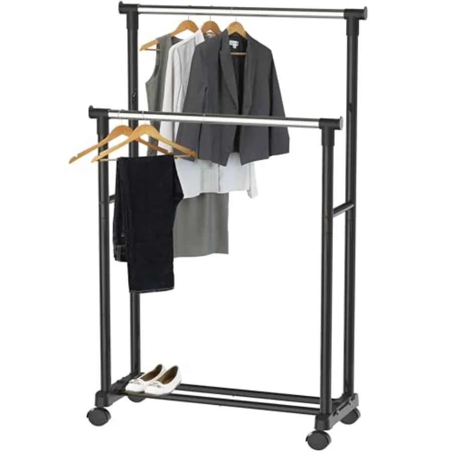 Double Rods Clothing Rack on Wheels, Metal Rolling Garment Rack for Hanging Clothes, Black
Double Rods Clothing Rack on Wheels, Metal Rolling Garment Rack for Hanging Clothes, Black