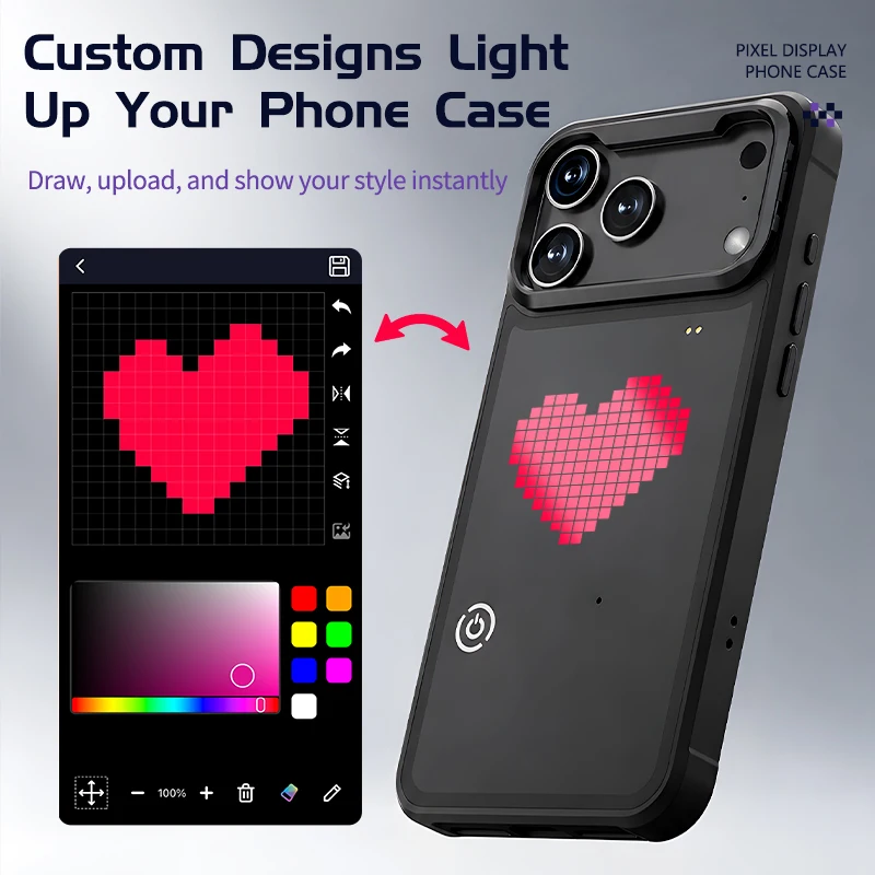 1PCS Smart LED Pixel Case Compatible with iPhone 17, 17 Pro, 17 Pro Max, with Built-in Fold Stand & Rechargeable Battery
1PCS Smart LED Pixel Case Compatible with iPhone 17, 17 Pro, 17 Pro Max, with Built-in Fold Stand & Rechargeable Battery