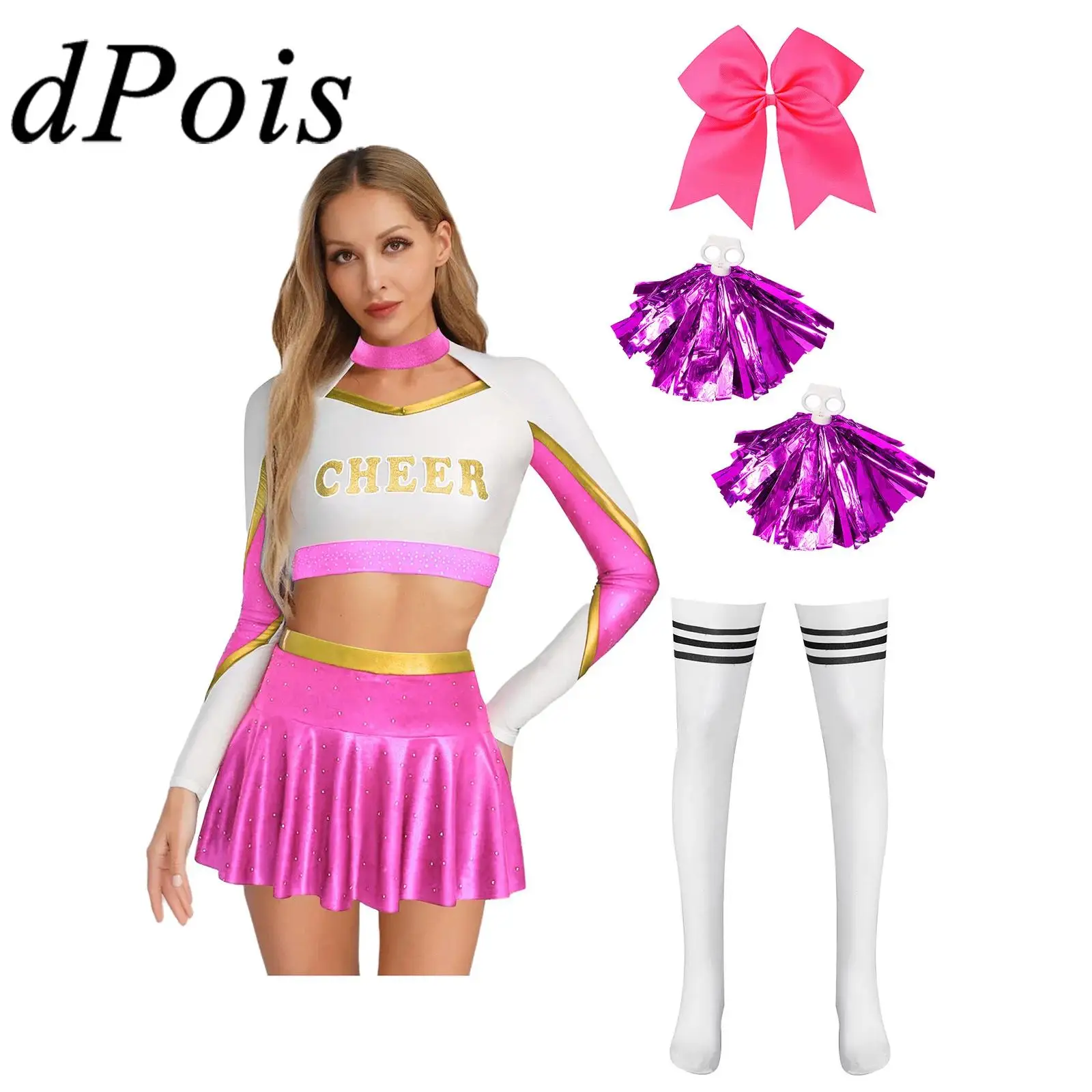 Womens Shiny Cosplay Cheerleader Costume with Flower Balls Halloween Adults Cheerlead Dance Suit Femme Cheerleading Uniforms
Womens Shiny Cosplay Cheerleader Costume with Flower Balls Halloween Adults Cheerlead Dance Suit Femme Cheerleading Uniforms