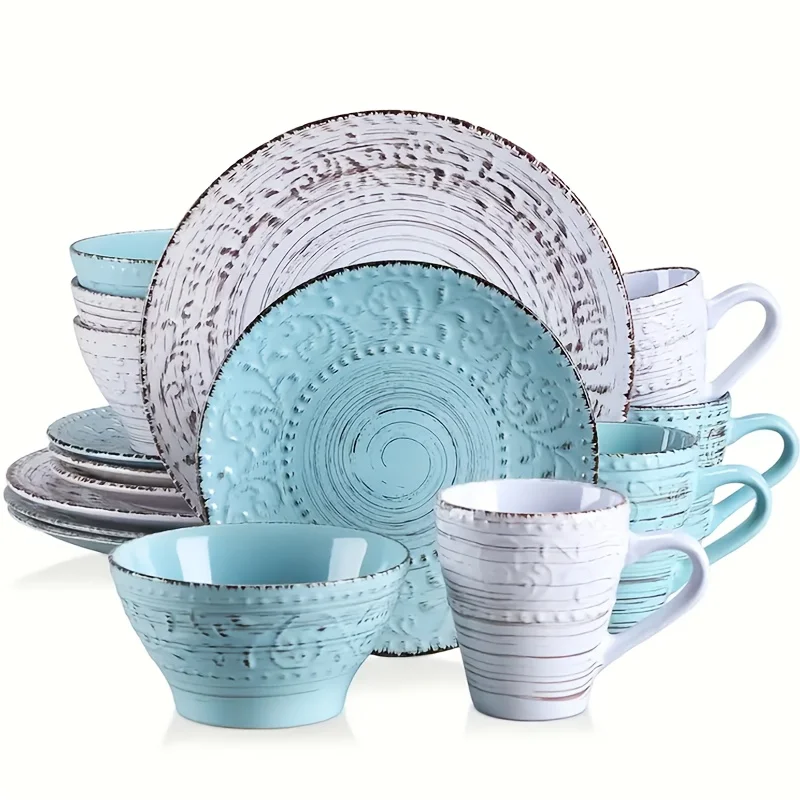 16pcs Dinnerware Set Service for 4, Blue & Coffee Color Stoneware Set, Bowls Set, Dishes Set, Including Dinner Plates, Dessert Plates, Salad Bowls And Mugs. Chip & Scratch Resistant. Dishwasher & Microwave Safe. Gifts for Weddings & Anniversaries
16pcs Dinnerware Set Service for 4, Blue & Coffee Color Stoneware Set, Bowls Set, Dishes Set, Including Dinner Plates, Dessert Plates, Salad Bowls And Mugs. Chip & Scratch Resistant. Dishwasher & Microwave Safe. Gifts for Weddings & Anniversaries