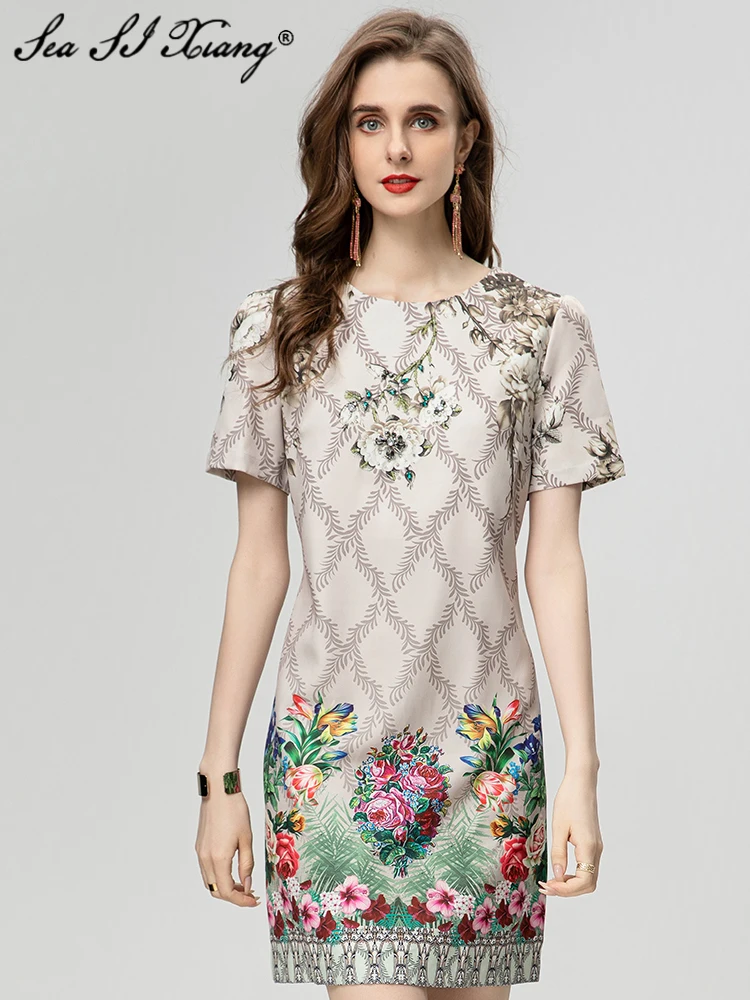 Seasixiang Fashion Designer Summer Mini Dress Women's O-Neck Short Sleeve Crystal Diamonds Floral Print Vintage Dresses
Seasixiang Fashion Designer Summer Mini Dress Women's O-Neck Short Sleeve Crystal Diamonds Floral Print Vintage Dresses