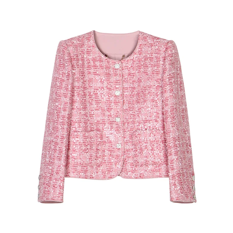 High Quality Small Fragrance Pink Sequined Short Coat Women Fashion Luxury Simple O Neck Sweet Tweed French Lady Coat
High Quality Small Fragrance Pink Sequined Short Coat Women Fashion Luxury Simple O Neck Sweet Tweed French Lady Coat