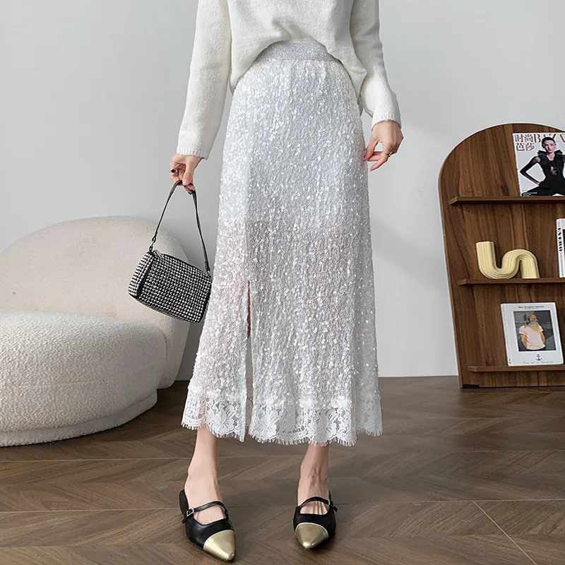 Women White Sequins Shiny Long Skirt Fashion Elegant Lace Sweet Korean Chic Basic Party Elegant Hip Fishtail French Lady Skirt
Women White Sequins Shiny Long Skirt Fashion Elegant Lace Sweet Korean Chic Basic Party Elegant Hip Fishtail French Lady Skirt