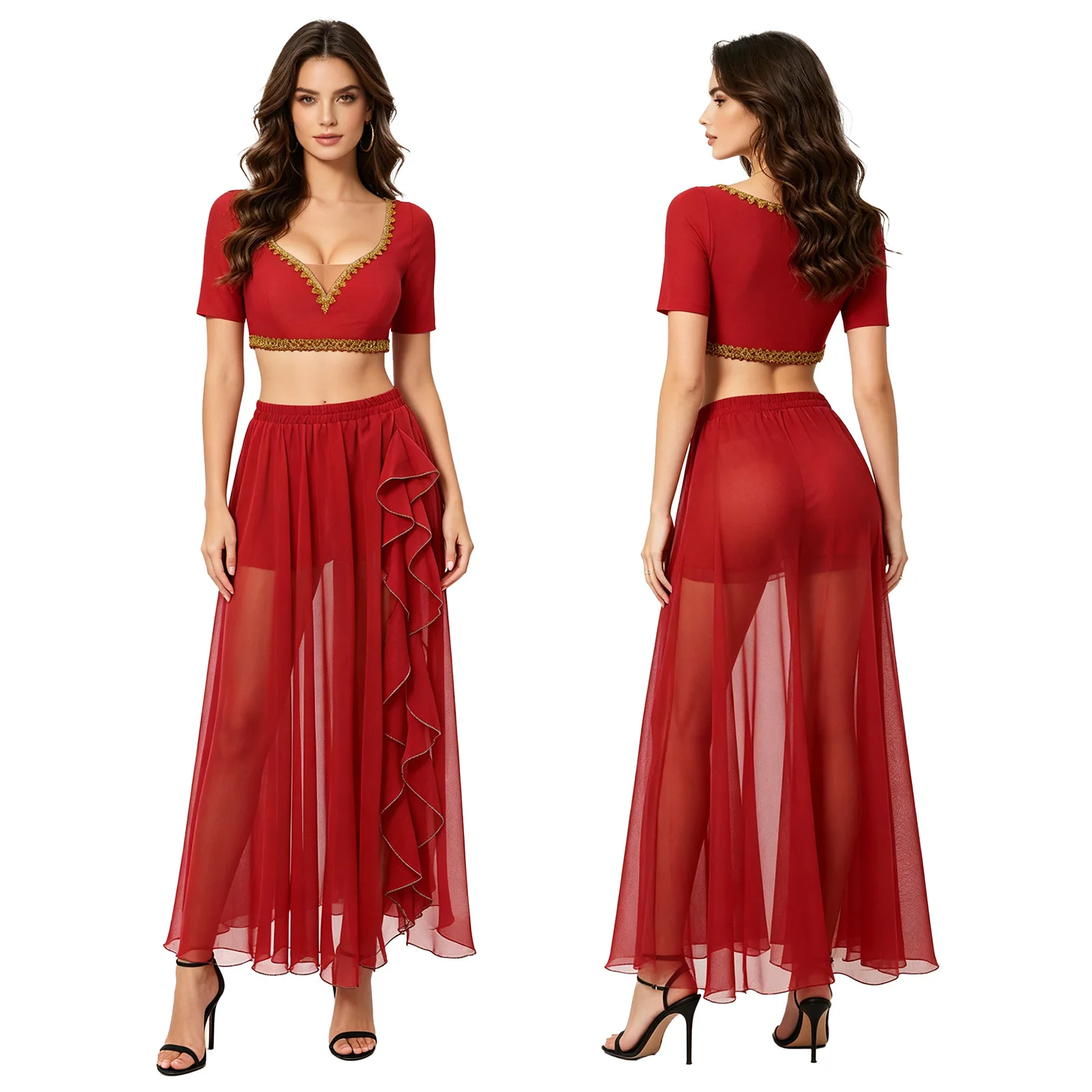 Womens Belly Dance Outfit Performance Costume Short Sleeve Crop Top with Ruffles Side Split Chiffon Skirt for Stage Performance
Womens Belly Dance Outfit Performance Costume Short Sleeve Crop Top with Ruffles Side Split Chiffon Skirt for Stage Performance