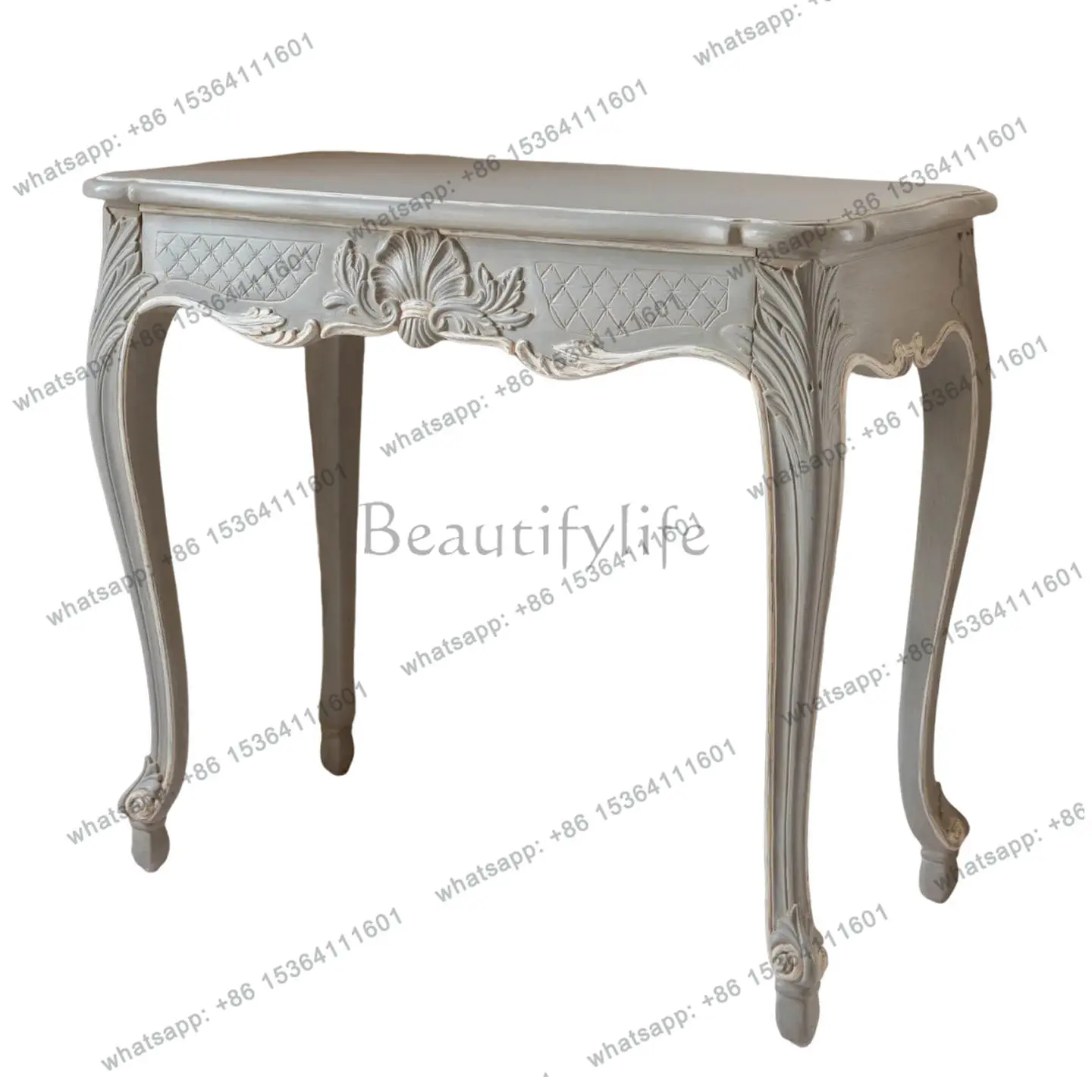 French vintage distressed small apartment dressing table, American solid wood carved with drawer entrance table
French vintage distressed small apartment dressing table, American solid wood carved with drawer entrance table