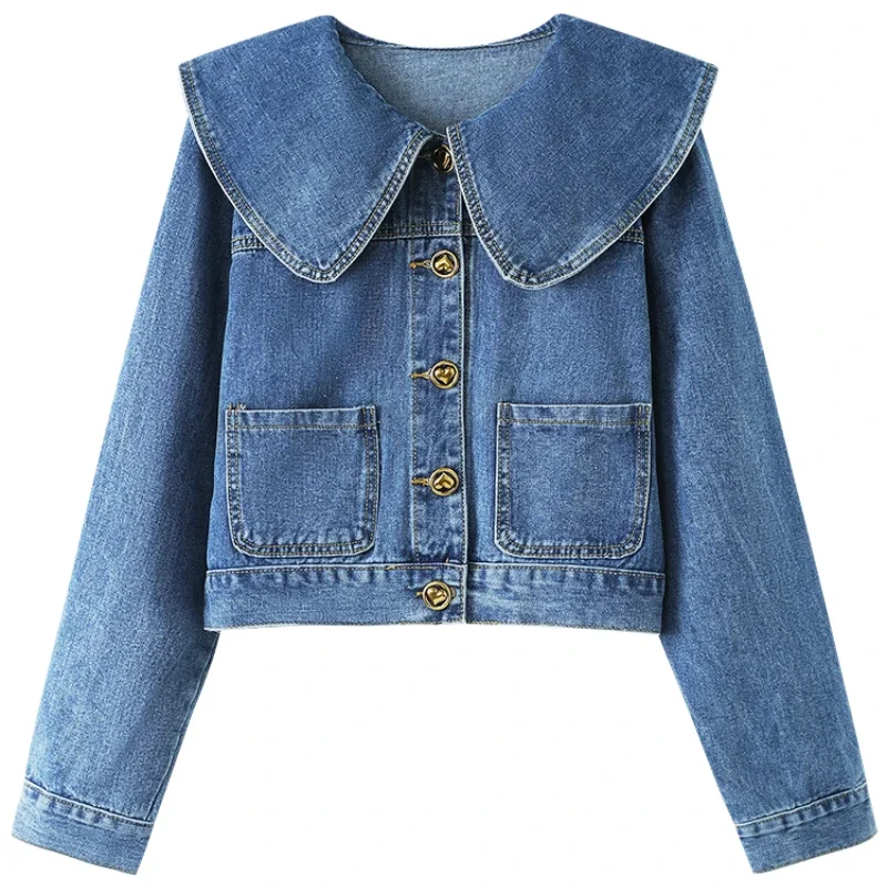 Spring and Autumn Denim Jacket Women's Fashion Long Sleeve Doll Neck Pocket Top Korean Button Women's Casual Loose Coat 2023
Spring and Autumn Denim Jacket Women's Fashion Long Sleeve Doll Neck Pocket Top Korean Button Women's Casual Loose Coat 2023