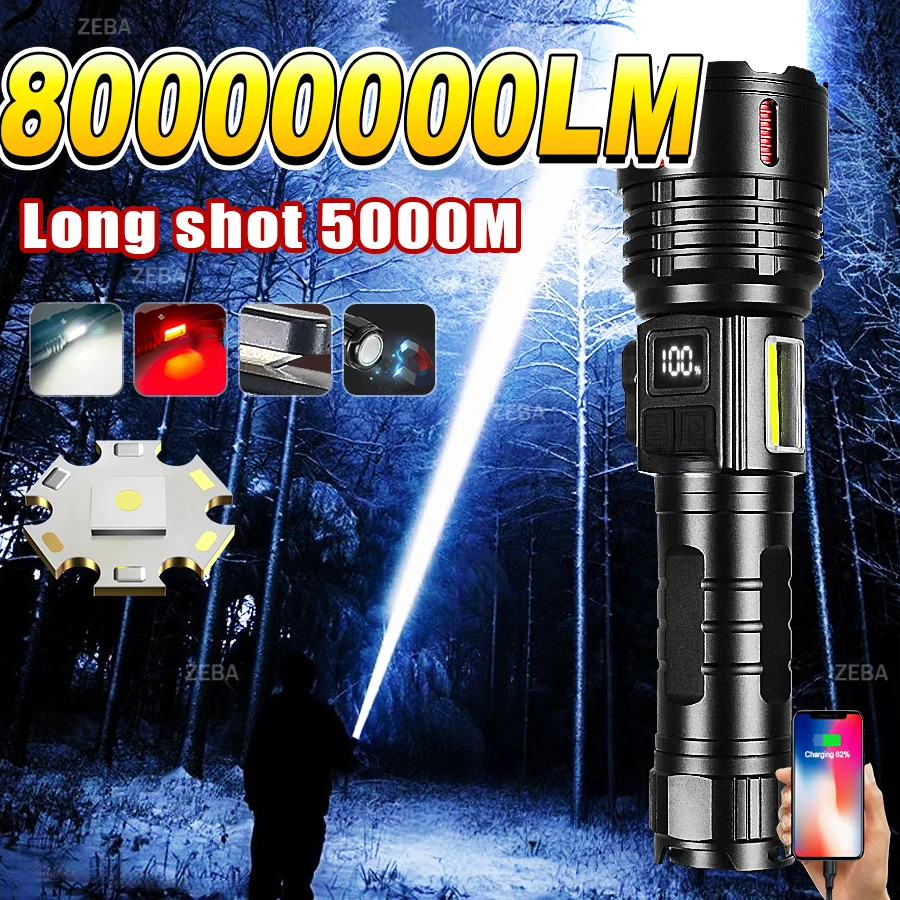 80000000LM Most Powerful LED Flashlight Rechargeable Type-c Flashlight Long Range5000M Tactical Torch Light For Fishing Hunting
80000000LM Most Powerful LED Flashlight Rechargeable Type-c Flashlight Long Range5000M Tactical Torch Light For Fishing Hunting