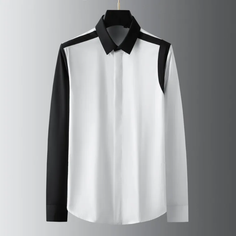 Trendy men's new geometric black and white splicing long sleeved shirt slim fitting fashionable men's clothing
Trendy men's new geometric black and white splicing long sleeved shirt slim fitting fashionable men's clothing