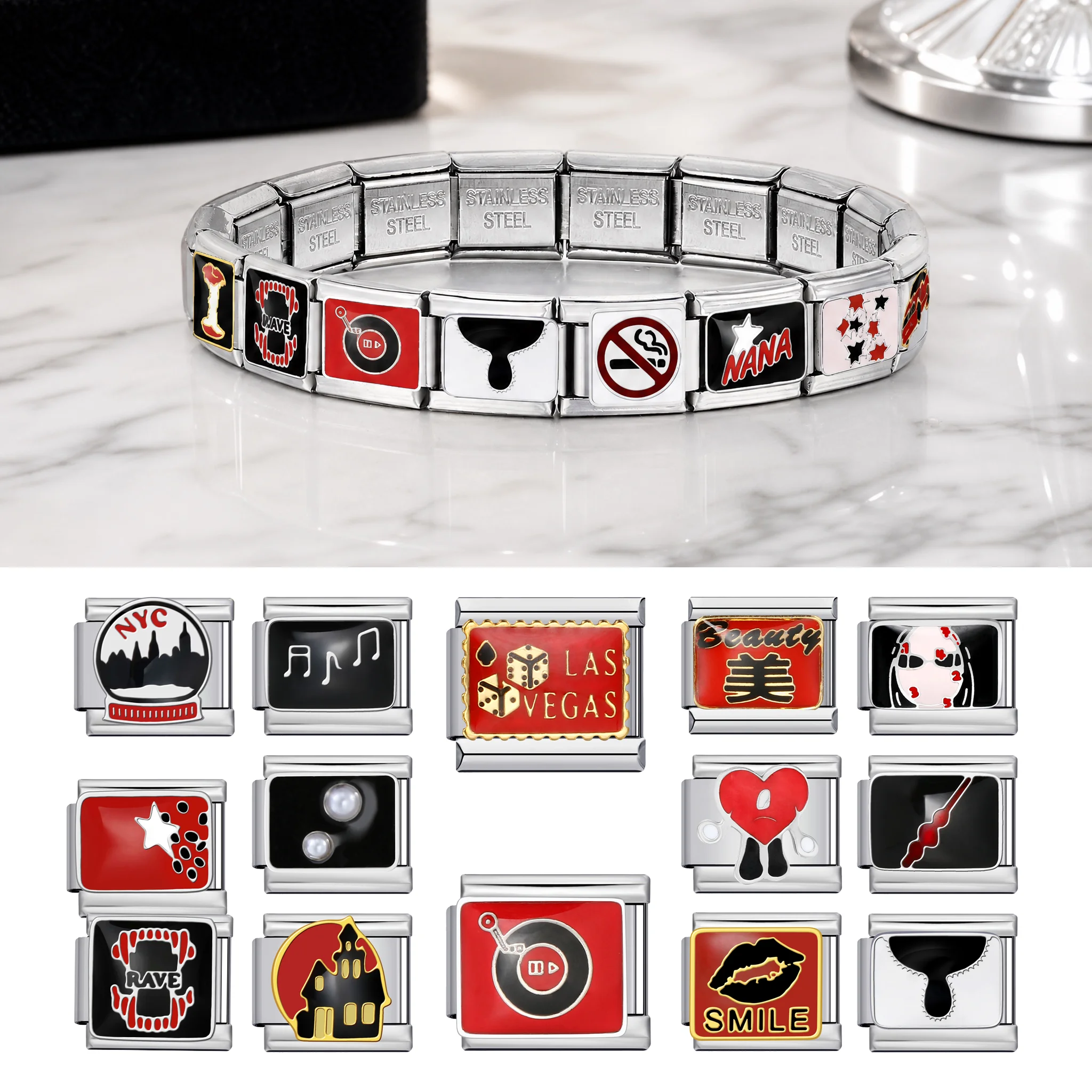 No Smoking SMILE Church Car Heart Beauty Gramophone Italian Charm Links Fit 9mm Bracelet Stainless Steel DIY Jewelry Making Gift
No Smoking SMILE Church Car Heart Beauty Gramophone Italian Charm Links Fit 9mm Bracelet Stainless Steel DIY Jewelry Making Gift