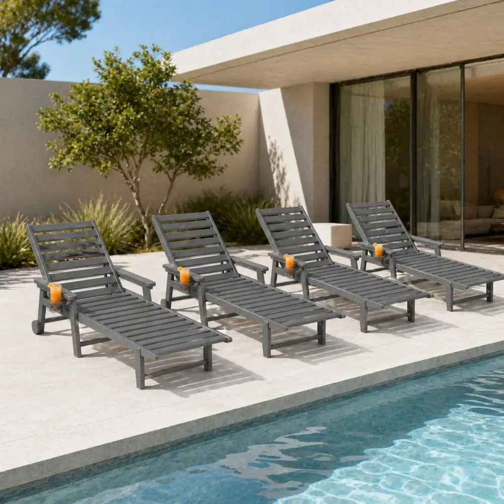 4-Piece Outdoor Lounge Chair Set, Weather-Resistant HDPE, Adjustable Poolside Chairs with Wheels and Cup Holders, Suitable for P
4-Piece Outdoor Lounge Chair Set, Weather-Resistant HDPE, Adjustable Poolside Chairs with Wheels and Cup Holders, Suitable for P