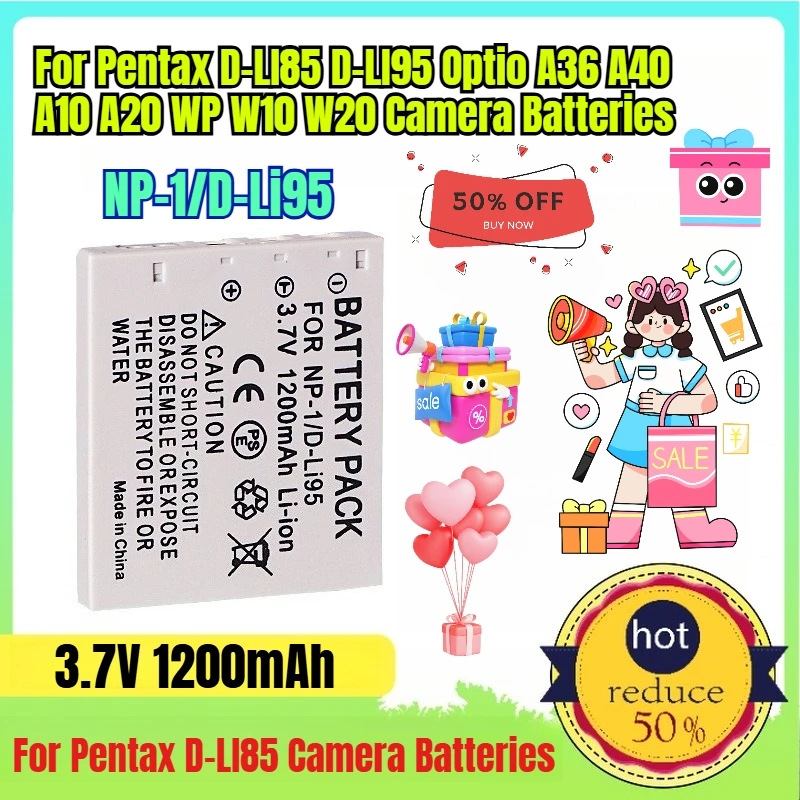 3.7V 1200mAh for Pentax D-LI85 D-LI95 Optio A36 A40 A10 A20 WP W10 W20 Camera Batteries
3.7V 1200mAh for Pentax D-LI85 D-LI95 Optio A36 A40 A10 A20 WP W10 W20 Camera Batteries