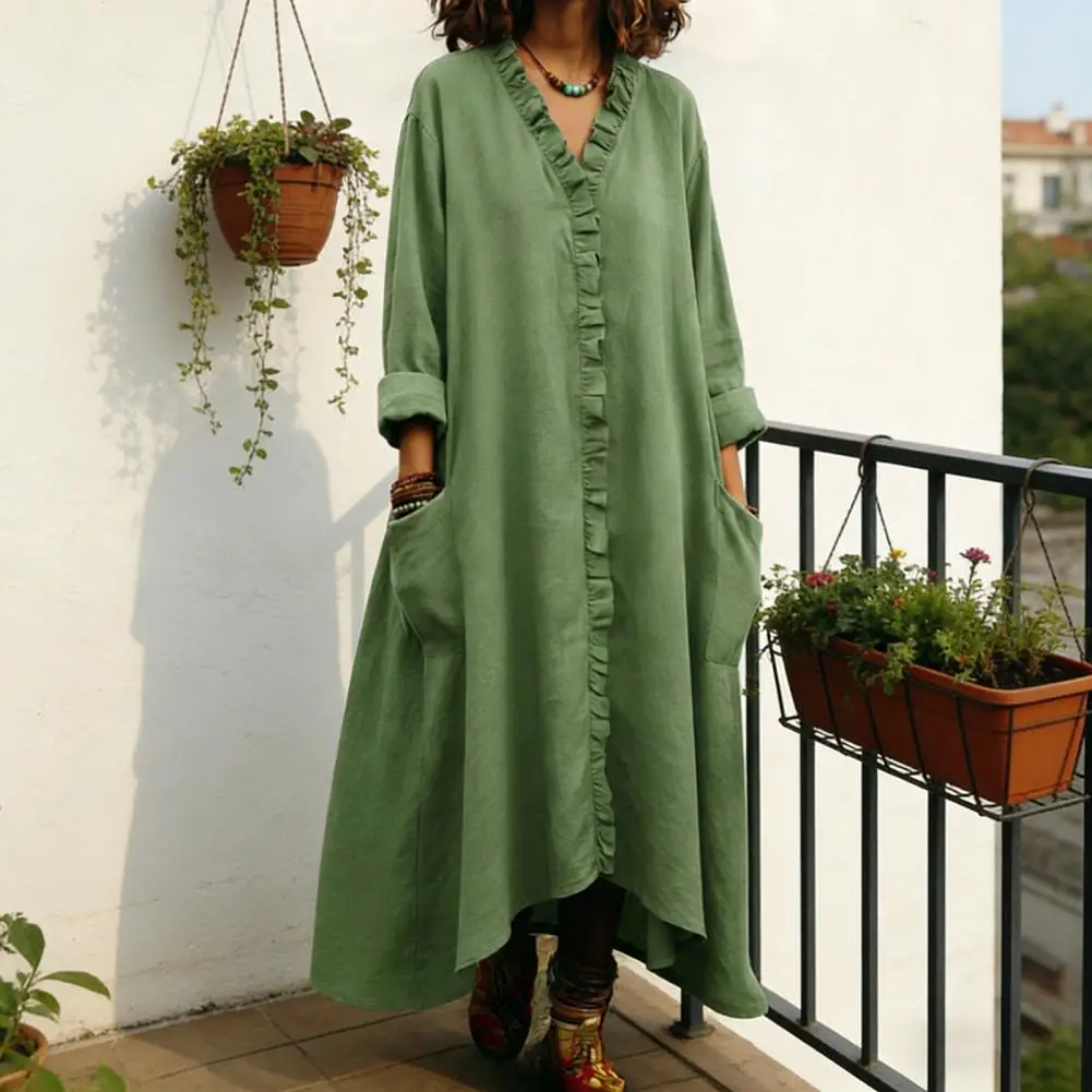 Women Dress Loose Fit Mid-length Dress Women's Ruffle Trim Maxi Dress Boho Sundress Flowy Long Sleeve V Neck Baggy Dresses
Women Dress Loose Fit Mid-length Dress Women's Ruffle Trim Maxi Dress Boho Sundress Flowy Long Sleeve V Neck Baggy Dresses