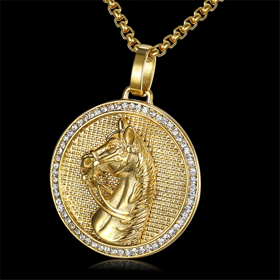 Jockey Club Pendant Gold Color Stainless Steel Horse Head Men Necklace Iced Out Rhinestones Hip Hop Unisex Jewelry
Jockey Club Pendant Gold Color Stainless Steel Horse Head Men Necklace Iced Out Rhinestones Hip Hop Unisex Jewelry
