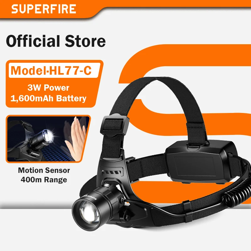 SUPERFIRE HL77-C Headlamp USB Rechargeable 18650 Head Torch Flashlight Zoom Sensor Headlight Outdoor Waterproof Work Head Lamp
SUPERFIRE HL77-C Headlamp USB Rechargeable 18650 Head Torch Flashlight Zoom Sensor Headlight Outdoor Waterproof Work Head Lamp