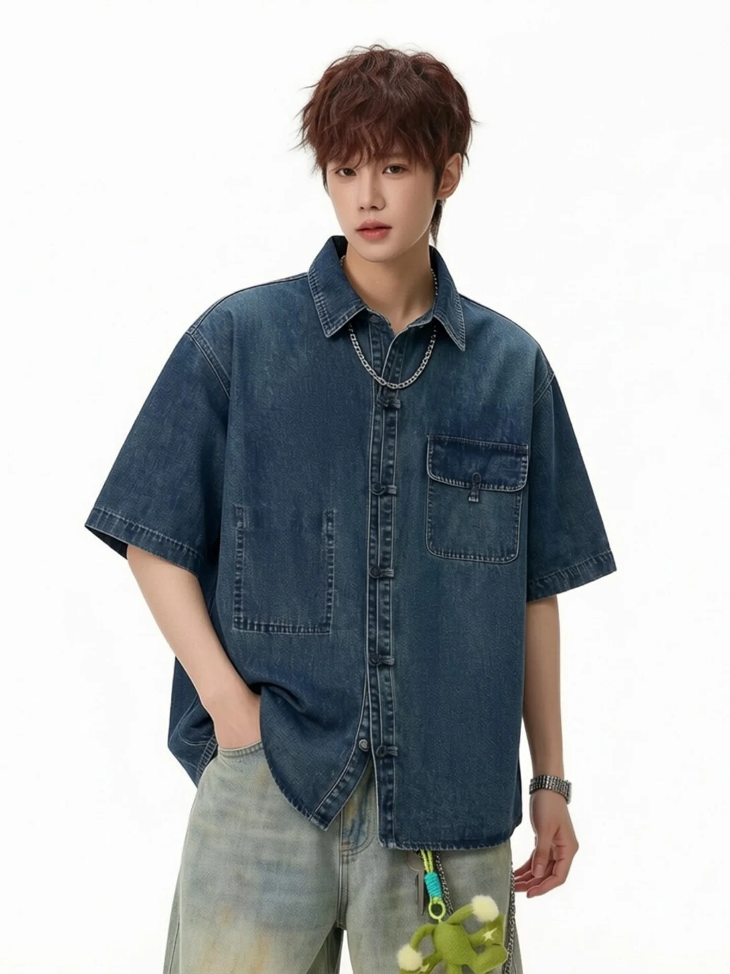 Retro Chinese Style Loose Fit Short Sleeve Button down Denim Shirt Men's Casual Versatile Workwear Top Half Sleeve Five Buttons
Retro Chinese Style Loose Fit Short Sleeve Button down Denim Shirt Men's Casual Versatile Workwear Top Half Sleeve Five Buttons