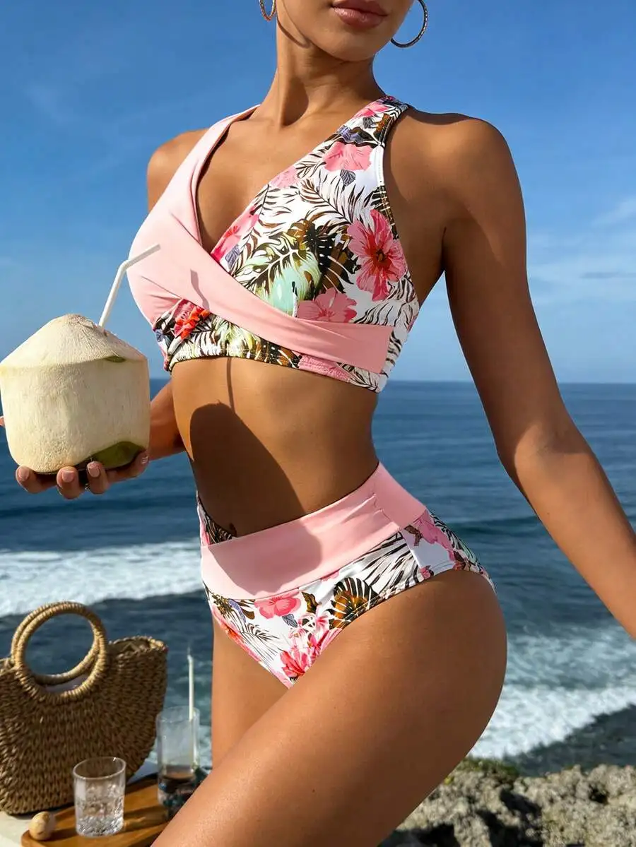 Women Two Piece Floral Print Swimsuit With Pink Wrap Top High Waist Bottom Beach Vacation Swimwear
Women Two Piece Floral Print Swimsuit With Pink Wrap Top High Waist Bottom Beach Vacation Swimwear