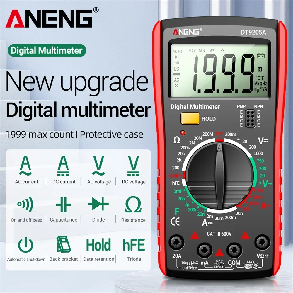 ANENG DT9205A-3 Digital Multimeter AC/DC Transistor Tester Electrical NCV Test Meter Profesional Analog Auto Range Multimetro
ANENG DT9205A-3 Digital Multimeter AC/DC Transistor Tester Electrical NCV Test Meter Profesional Analog Auto Range Multimetro