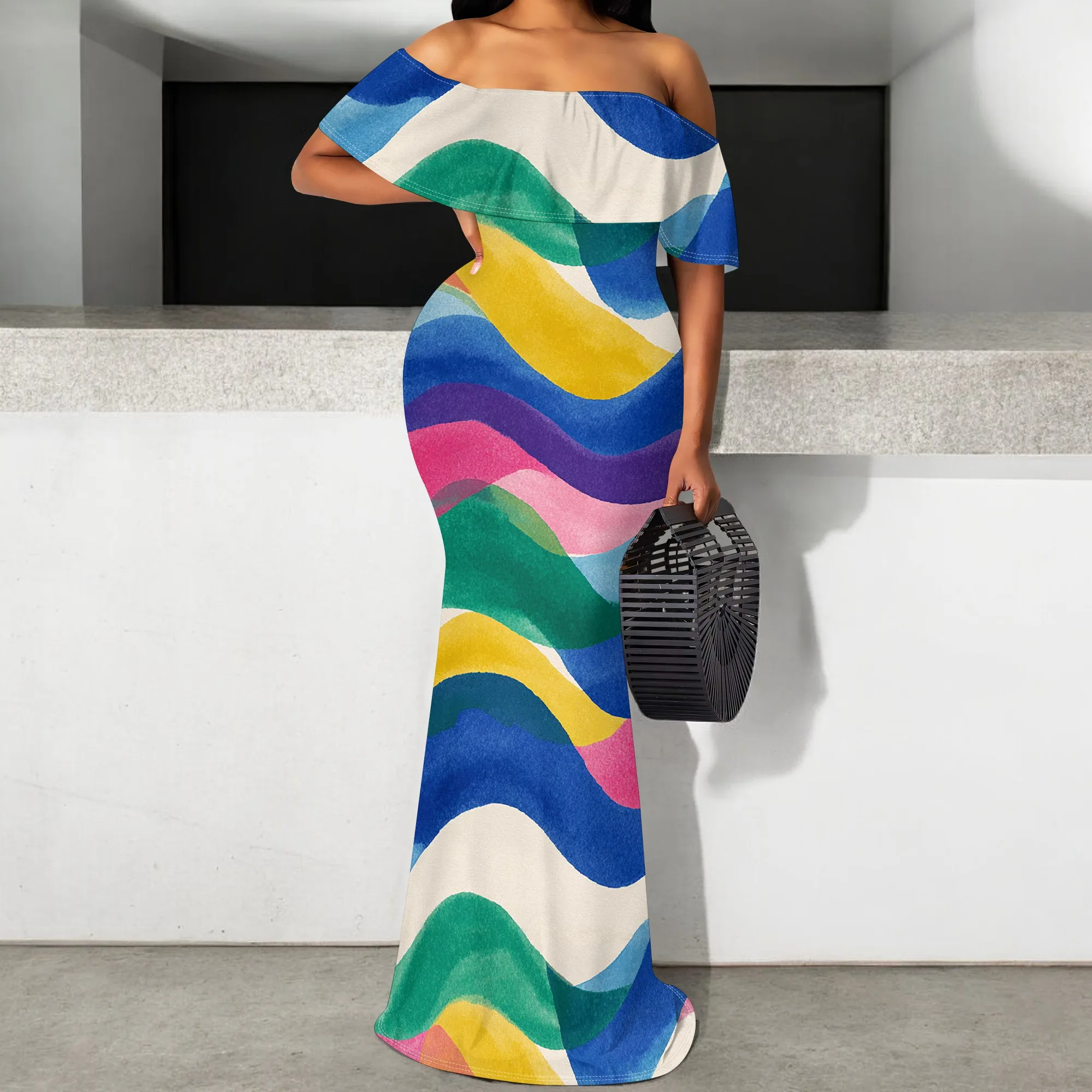 Women's Abstract Wave Print Maxi Dress S-3XL | Off Shoulder Ruffle Mermaid Gown | Vibrant Summer Beach Party Sundress
Women's Abstract Wave Print Maxi Dress S-3XL | Off Shoulder Ruffle Mermaid Gown | Vibrant Summer Beach Party Sundress