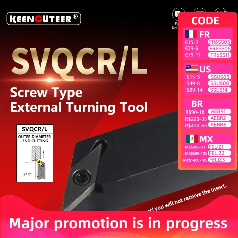 External Turning Tool SVQCR SVQCR1616H11 SVQCR1616H16 SVQCR2020K16 SVQCR2525M16 Cutter Bar CNC Lathe Bar Turning Holder
External Turning Tool SVQCR SVQCR1616H11 SVQCR1616H16 SVQCR2020K16 SVQCR2525M16 Cutter Bar CNC Lathe Bar Turning Holder