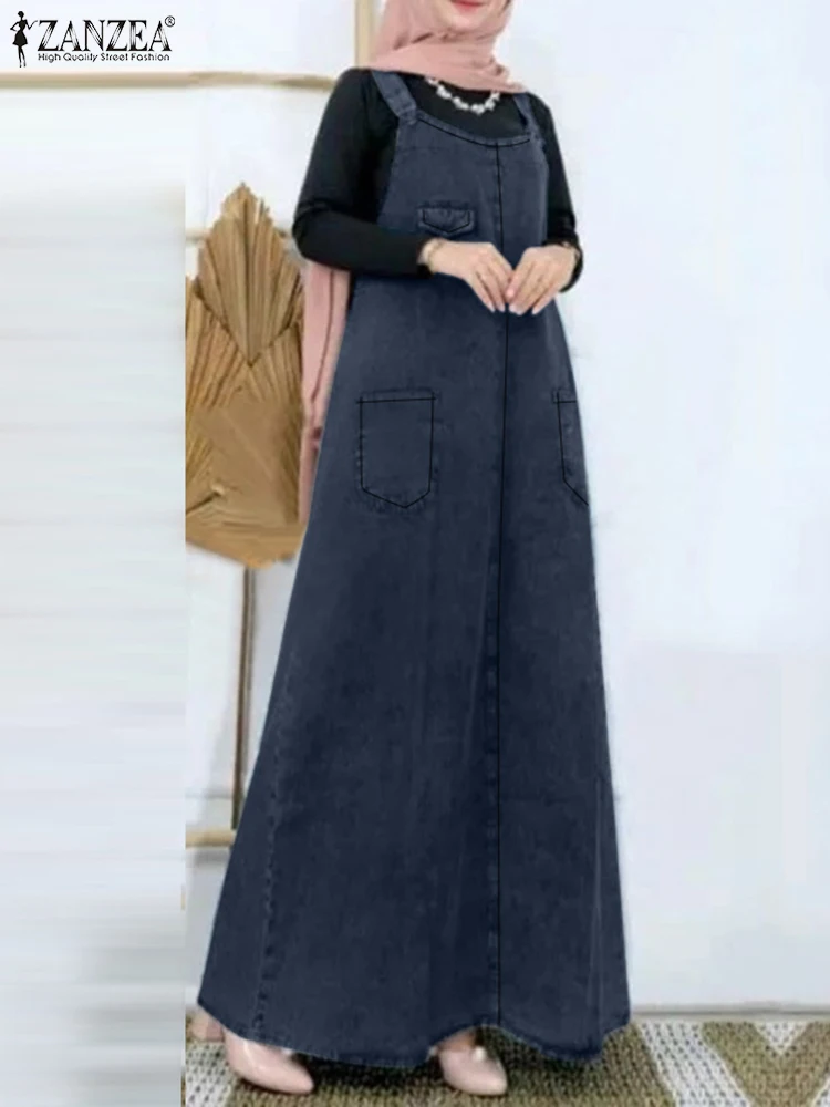 Fashion Spring Spaghetti Strap Overalls Dress ZANZEA Women Vintage Denim Blue Muslim Dress Solid Party Maxi Sundress Robe Femme
Fashion Spring Spaghetti Strap Overalls Dress ZANZEA Women Vintage Denim Blue Muslim Dress Solid Party Maxi Sundress Robe Femme