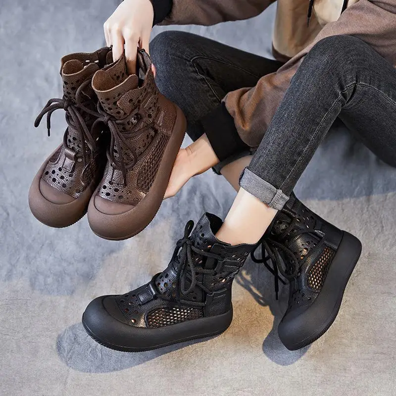 Women's Boots Hollow out Genuine Leather High Top Breathable Mesh Slip-On Shoes Roman Style Flat Heel Rubber Outsole
Women's Boots Hollow out Genuine Leather High Top Breathable Mesh Slip-On Shoes Roman Style Flat Heel Rubber Outsole