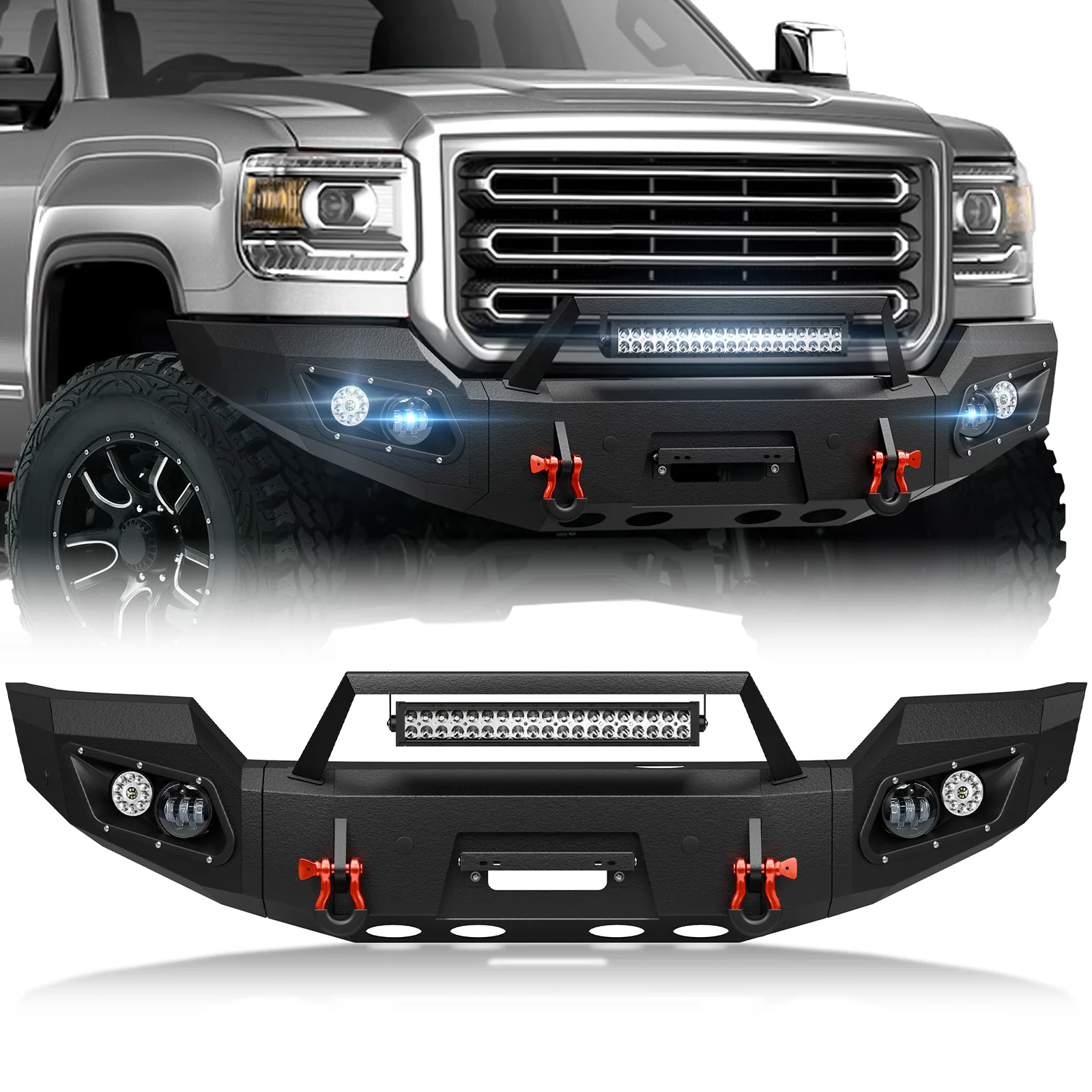 Front Bumper with Winch Plate, 5 X LED Lights, License Plate Frame, Sensor Holes & D-rings for 2015-2019 GMC Sierra 2500 3500 HD
Front Bumper with Winch Plate, 5 X LED Lights, License Plate Frame, Sensor Holes & D-rings for 2015-2019 GMC Sierra 2500 3500 HD