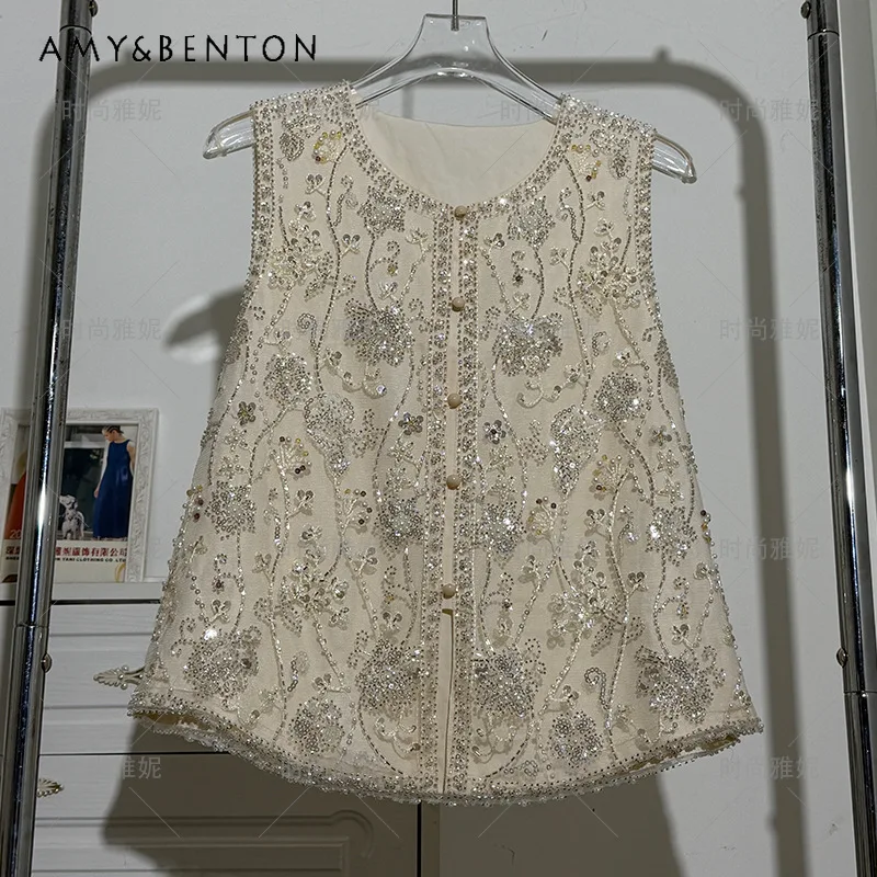 New Chinese Style Heavy Sequin Vests Women's Round Neck Cardigan Sleeveless Top Beaded Easiest For Match Pearl Tops Waistcoat
New Chinese Style Heavy Sequin Vests Women's Round Neck Cardigan Sleeveless Top Beaded Easiest For Match Pearl Tops Waistcoat