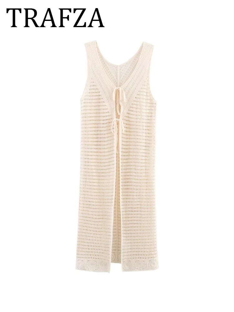 TRAFZA Lace-Up Knit Cardigan For Women Knitwear Temperament Sleeveless Long Sweater 2025 Fashion Female Casual Summer Beach Top
TRAFZA Lace-Up Knit Cardigan For Women Knitwear Temperament Sleeveless Long Sweater 2025 Fashion Female Casual Summer Beach Top