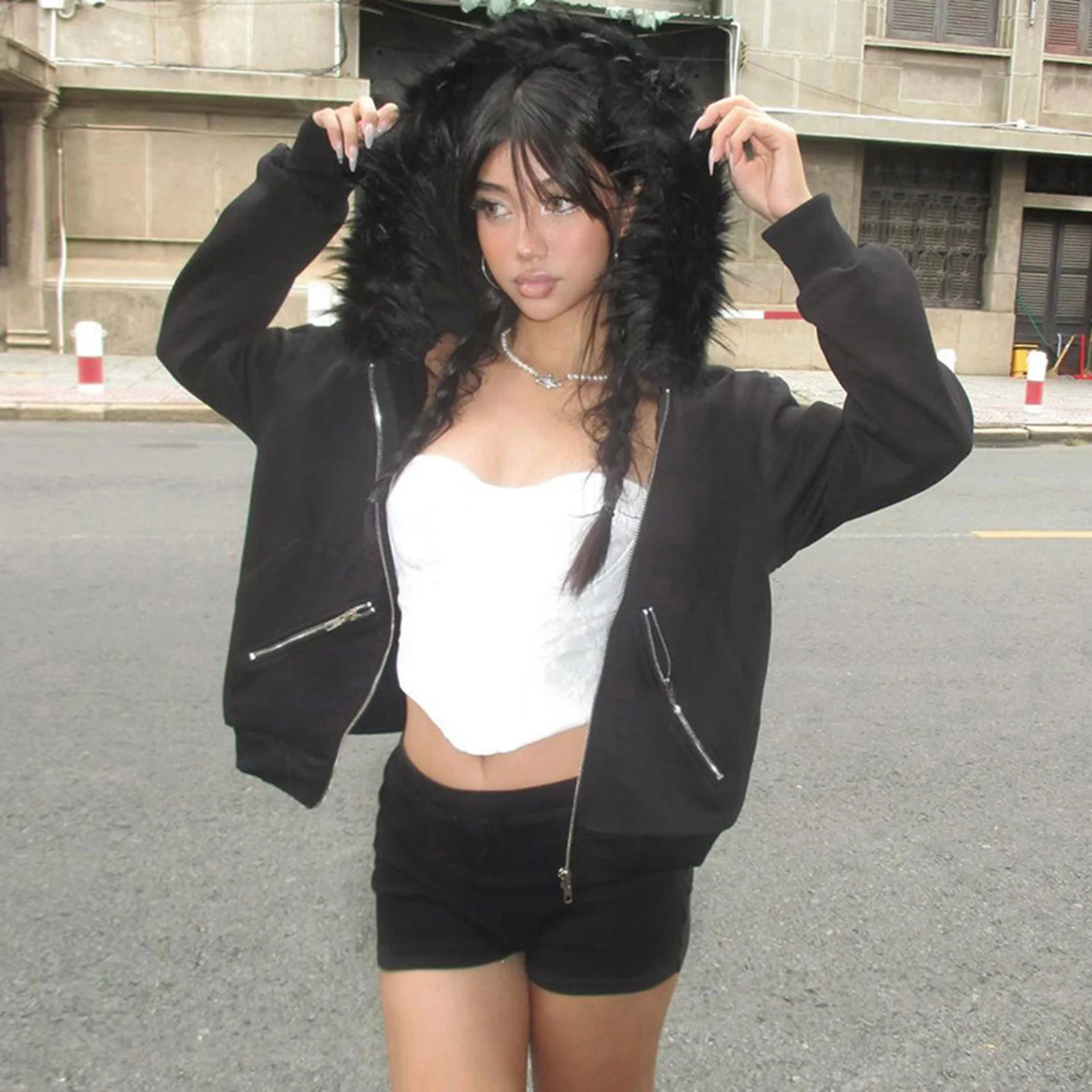 Punk Gothic Black Plush Thickened Hood Warm Coat Harajuku Streetwear Winter Women Jacket Hooded Zipper Loose Outwear Cardigan
Punk Gothic Black Plush Thickened Hood Warm Coat Harajuku Streetwear Winter Women Jacket Hooded Zipper Loose Outwear Cardigan
