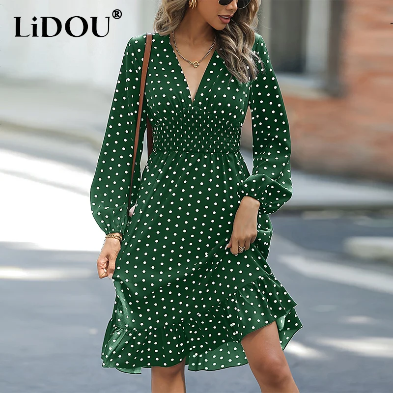 Spring Autumn Polka Dot Printed V-neck Vestido Ladies Casual Fashion Ruffles Waist Robe Women Long Sleeve Dress Female Clothes
Spring Autumn Polka Dot Printed V-neck Vestido Ladies Casual Fashion Ruffles Waist Robe Women Long Sleeve Dress Female Clothes