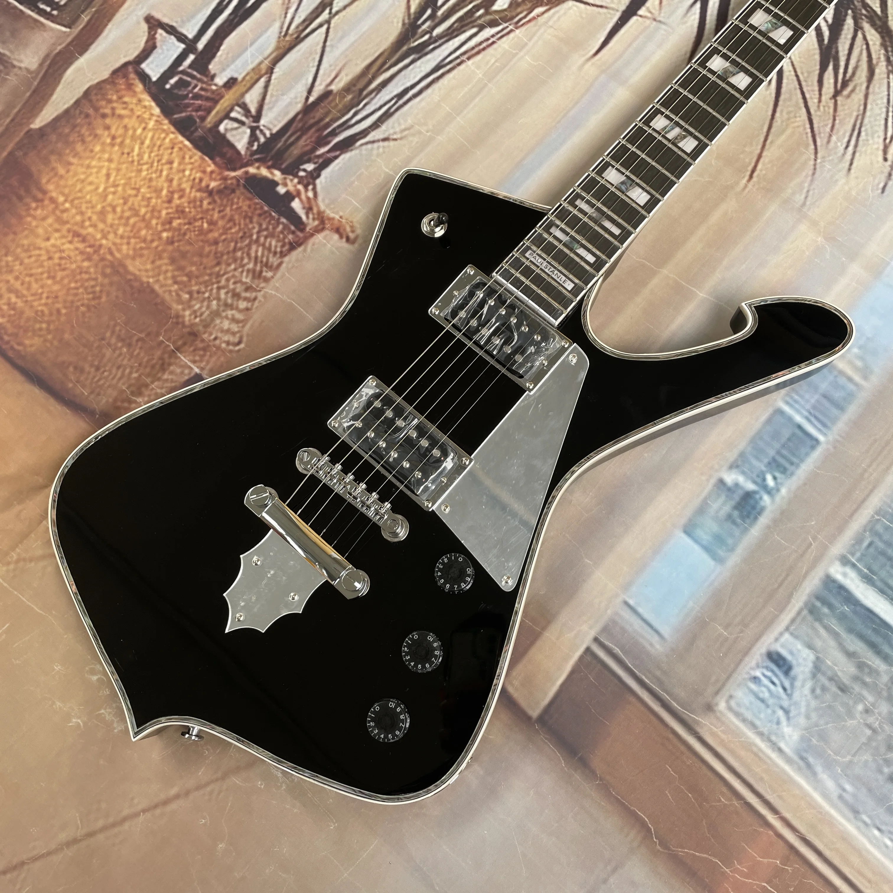 6-string electric guitar, black glossy high-end double pickup guitars, metal rock stage performance guitarra
6-string electric guitar, black glossy high-end double pickup guitars, metal rock stage performance guitarra