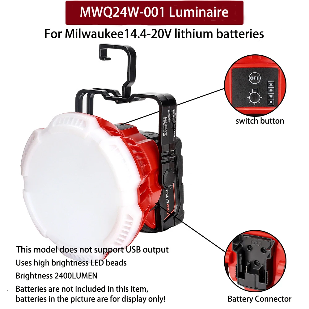 Rechargeable Work Light LED Camping Light for Milwaukee 18V Battery Portable Outdoor Flashlight for Tent and Workplace Lighting
Rechargeable Work Light LED Camping Light for Milwaukee 18V Battery Portable Outdoor Flashlight for Tent and Workplace Lighting
