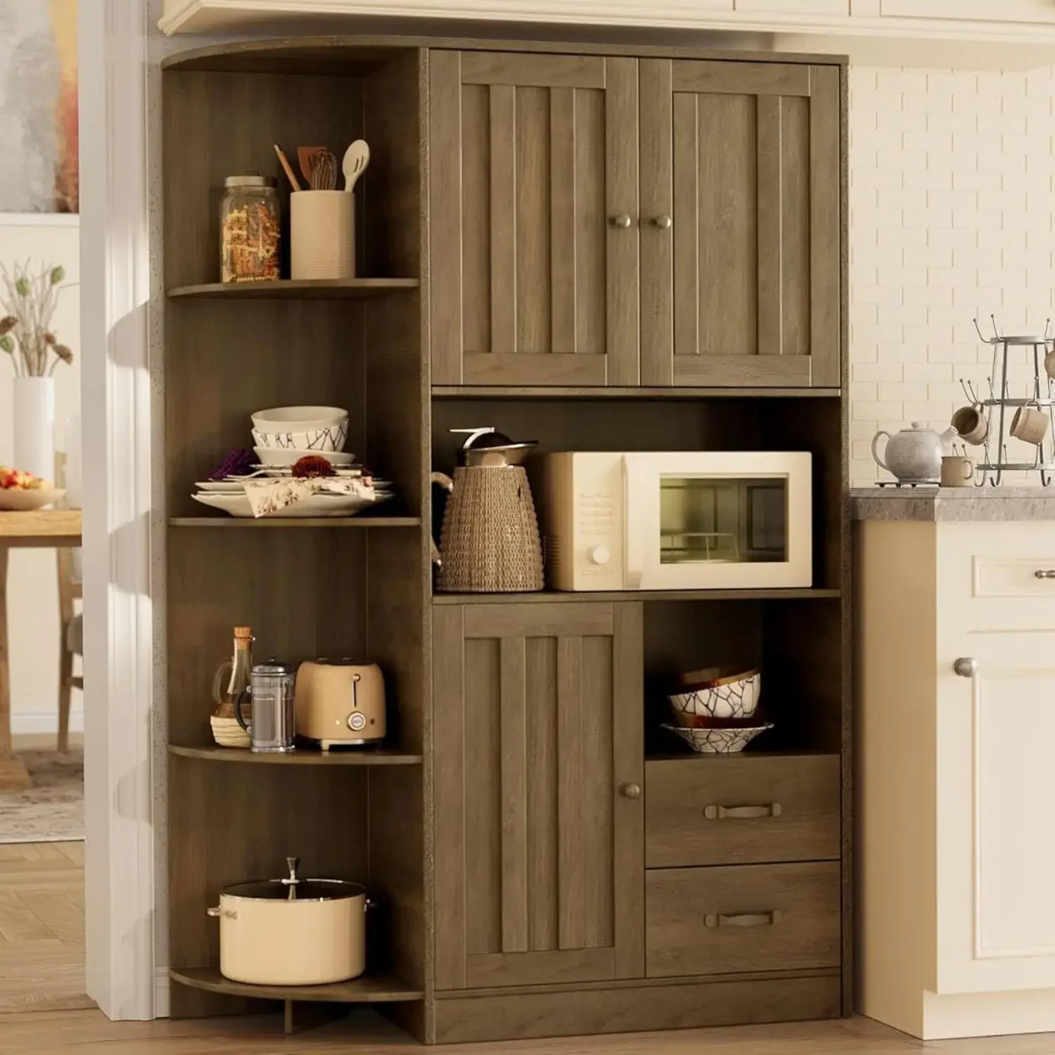 Gizoon 60.4" Farmhouse Kitchen Pantry Storage Cabinet with Doors and Adjustable Shelves, Large Kitchen Hutch with Drawers,
Gizoon 60.4" Farmhouse Kitchen Pantry Storage Cabinet with Doors and Adjustable Shelves, Large Kitchen Hutch with Drawers,