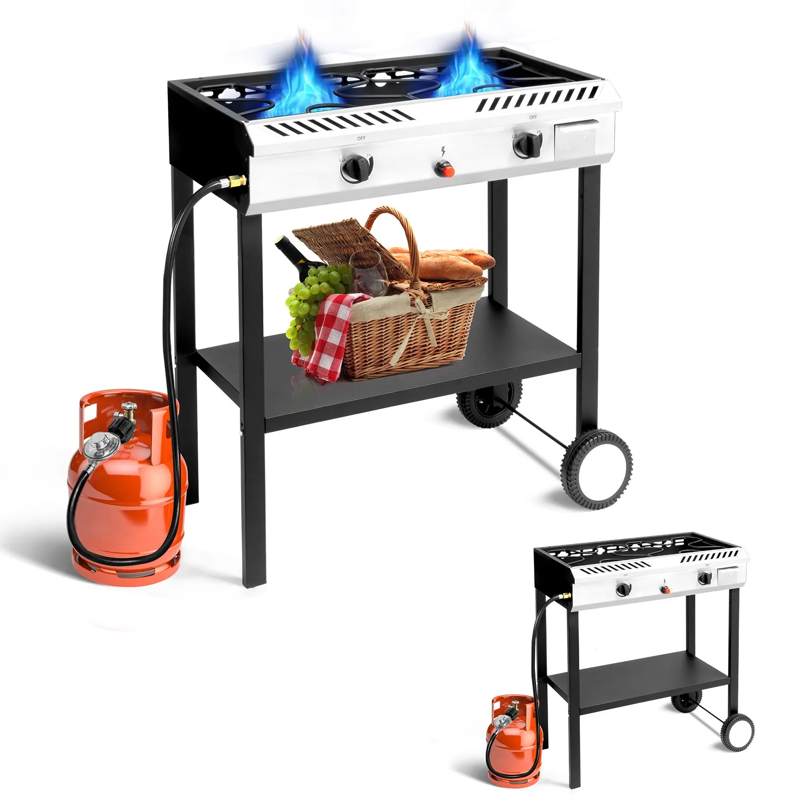 Outdoor Double-Burner Electric Ignition with Rack and Wheel BBQ Gas Stove Garden
Outdoor Double-Burner Electric Ignition with Rack and Wheel BBQ Gas Stove Garden
