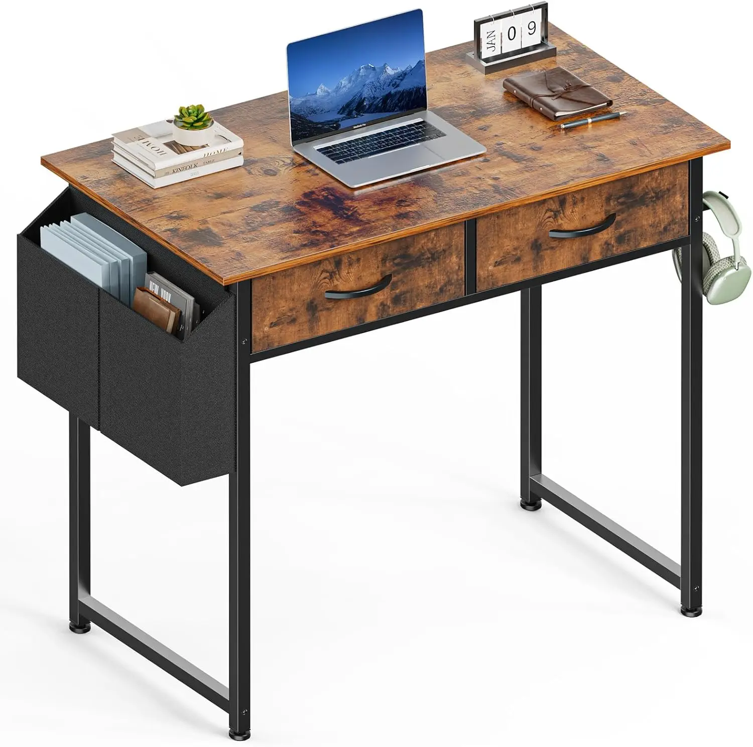 32-Inch Compact Writing Desk with Fabric Storage Drawer for Bedroom, Home Office, Gaming & Study, PC Table Featuring Side Bag and Headphone Hook, Rustic Brown
32-Inch Compact Writing Desk with Fabric Storage Drawer for Bedroom, Home Office, Gaming & Study, PC Table Featuring Side Bag and Headphone Hook, Rustic Brown