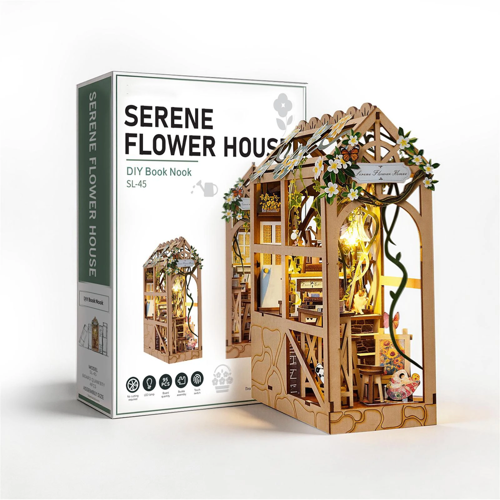 DIY Book Nook Wooden Miniature Model Kits Serene Flower House Bookend 3D Puzzle with Light Bookshelf for Friends Birthday Gifts
DIY Book Nook Wooden Miniature Model Kits Serene Flower House Bookend 3D Puzzle with Light Bookshelf for Friends Birthday Gifts