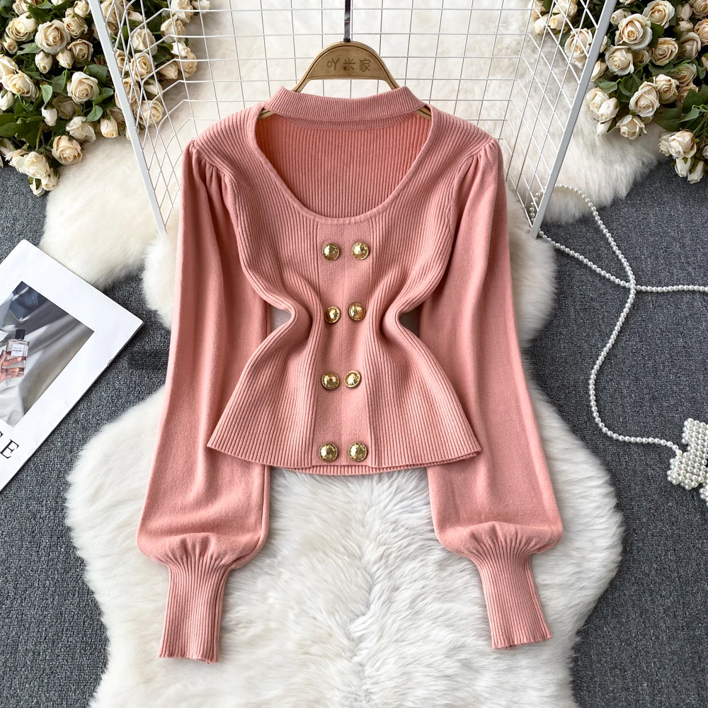 Autumn Winter Women's Sweater Pullover Korean Temperament Lantern Long Sleeved Hanging Neck Slim Button Knitted Tops
Autumn Winter Women's Sweater Pullover Korean Temperament Lantern Long Sleeved Hanging Neck Slim Button Knitted Tops