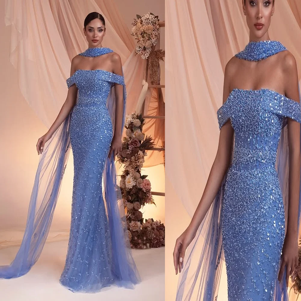Women's Boat Collar Sparkly Sequins Sleeveless Long Party Dress Sexy Mermaid Backless Court Prom Gown with Scarf Customized
Women's Boat Collar Sparkly Sequins Sleeveless Long Party Dress Sexy Mermaid Backless Court Prom Gown with Scarf Customized